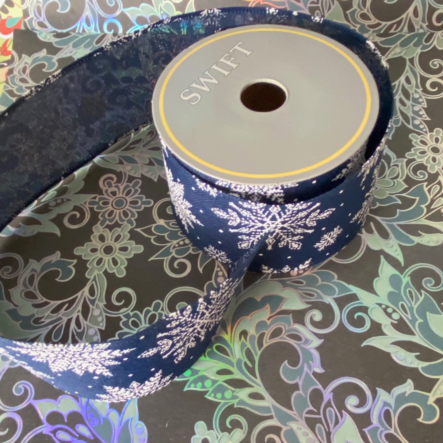 2.5" x 10 Yard Snowflake Design Ribbon midnight Blue colour