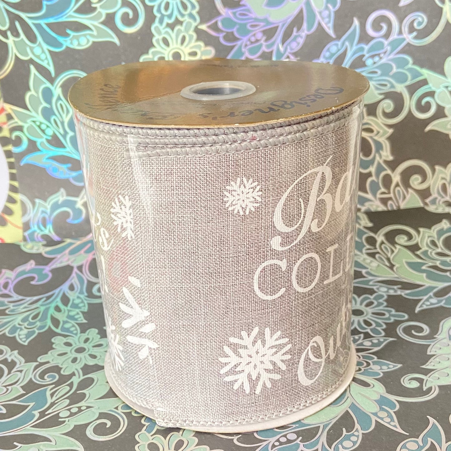 4" x 10 yard baby its cold outside wired grey and white Ribbon