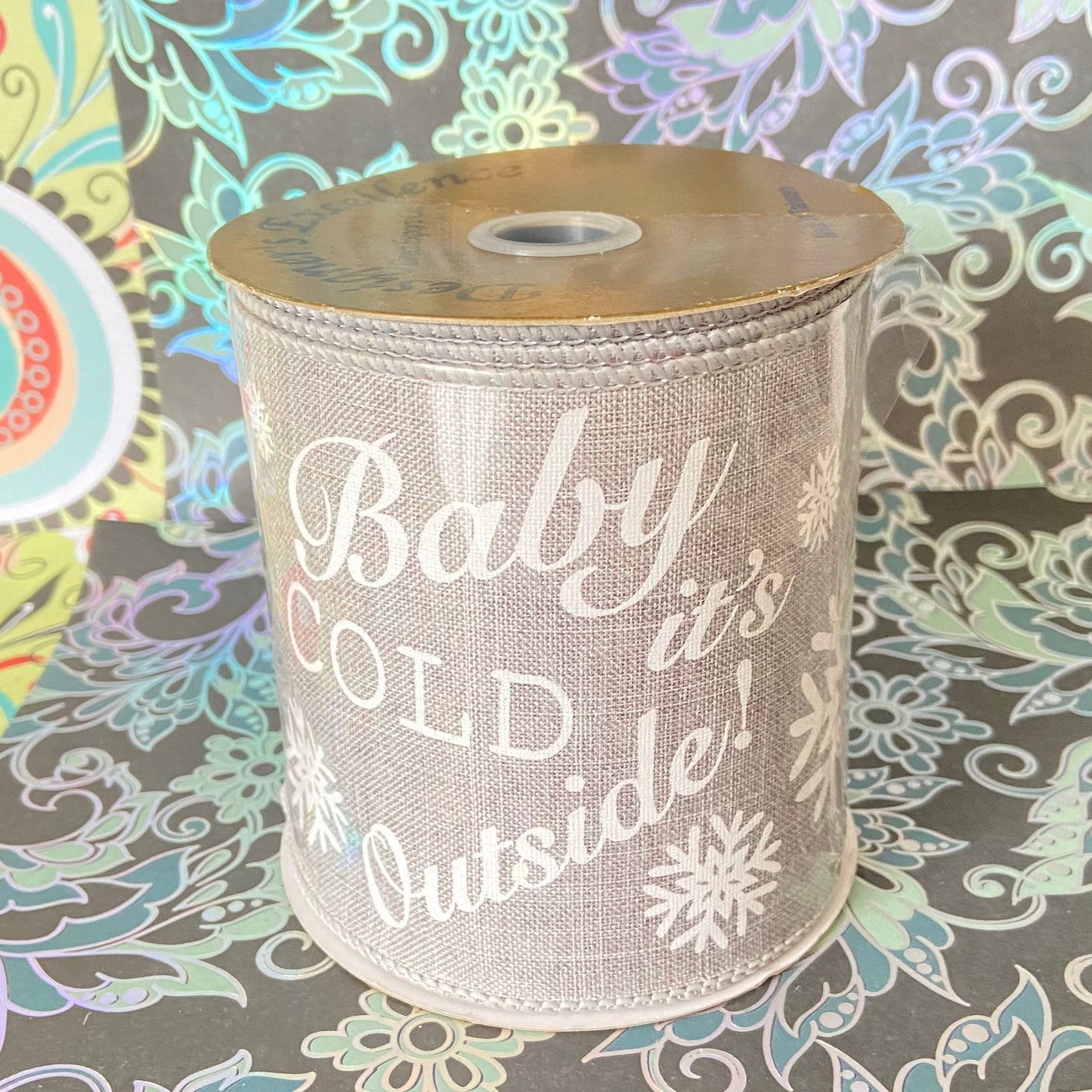 4" x 10 yard baby its cold outside wired grey and white Ribbon