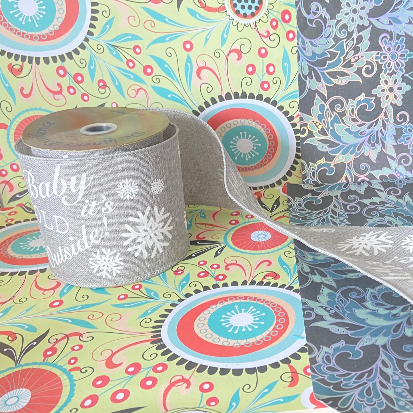 4" x 10 yard baby its cold outside wired grey and white Ribbon