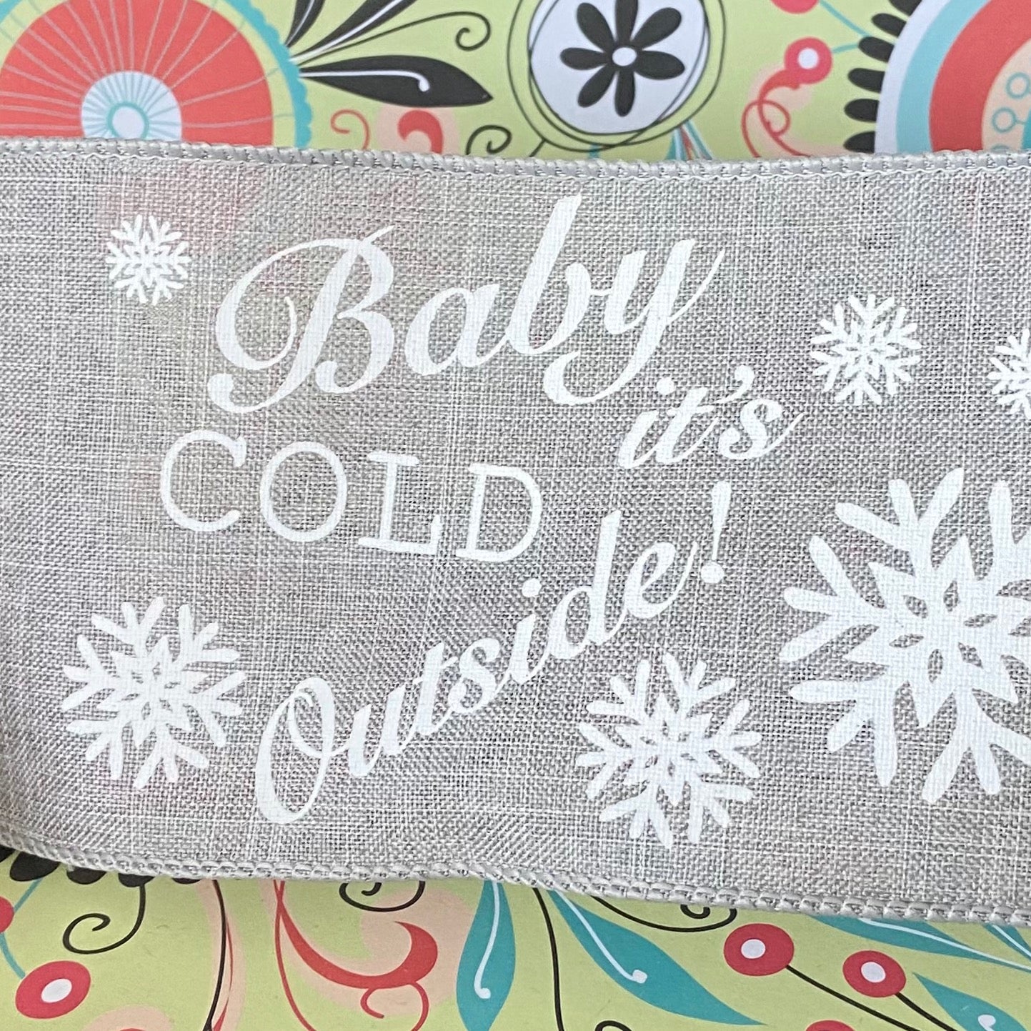 4" x 10 yard baby its cold outside wired grey and white Ribbon