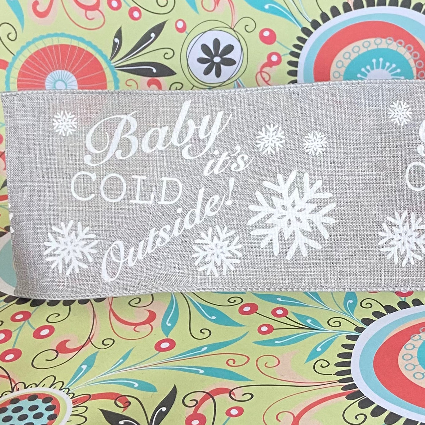 4" x 10 yard baby its cold outside wired grey and white Ribbon