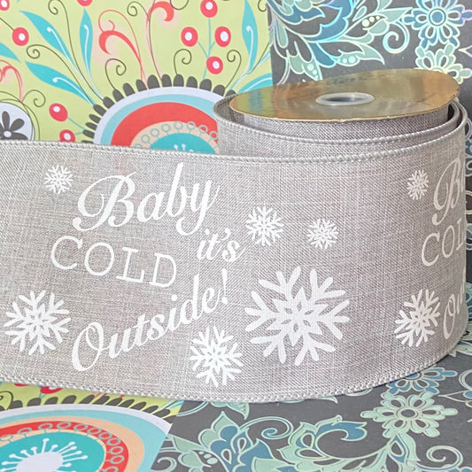 4" x 10 yard baby its cold outside wired grey and white Ribbon