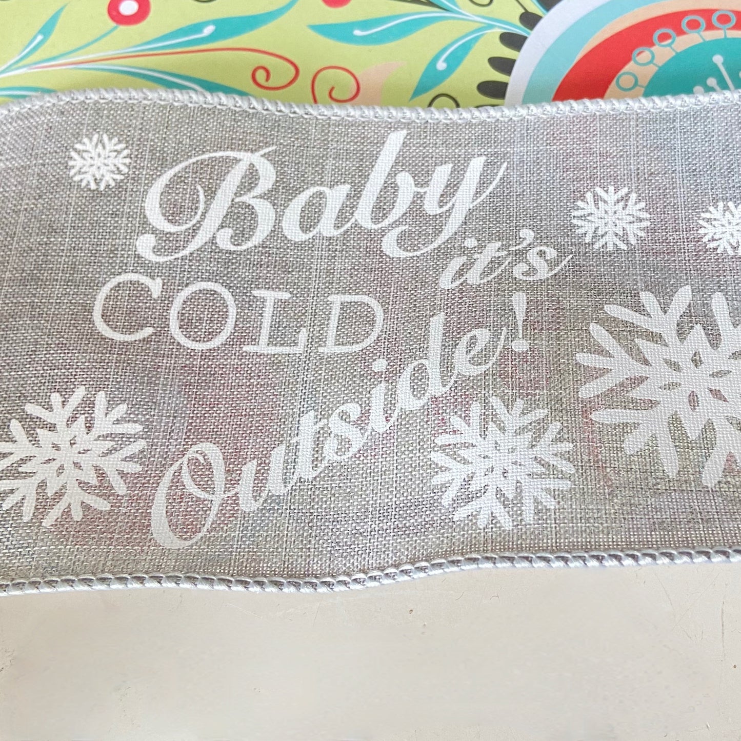 4" x 10 yard baby its cold outside wired grey and white Ribbon