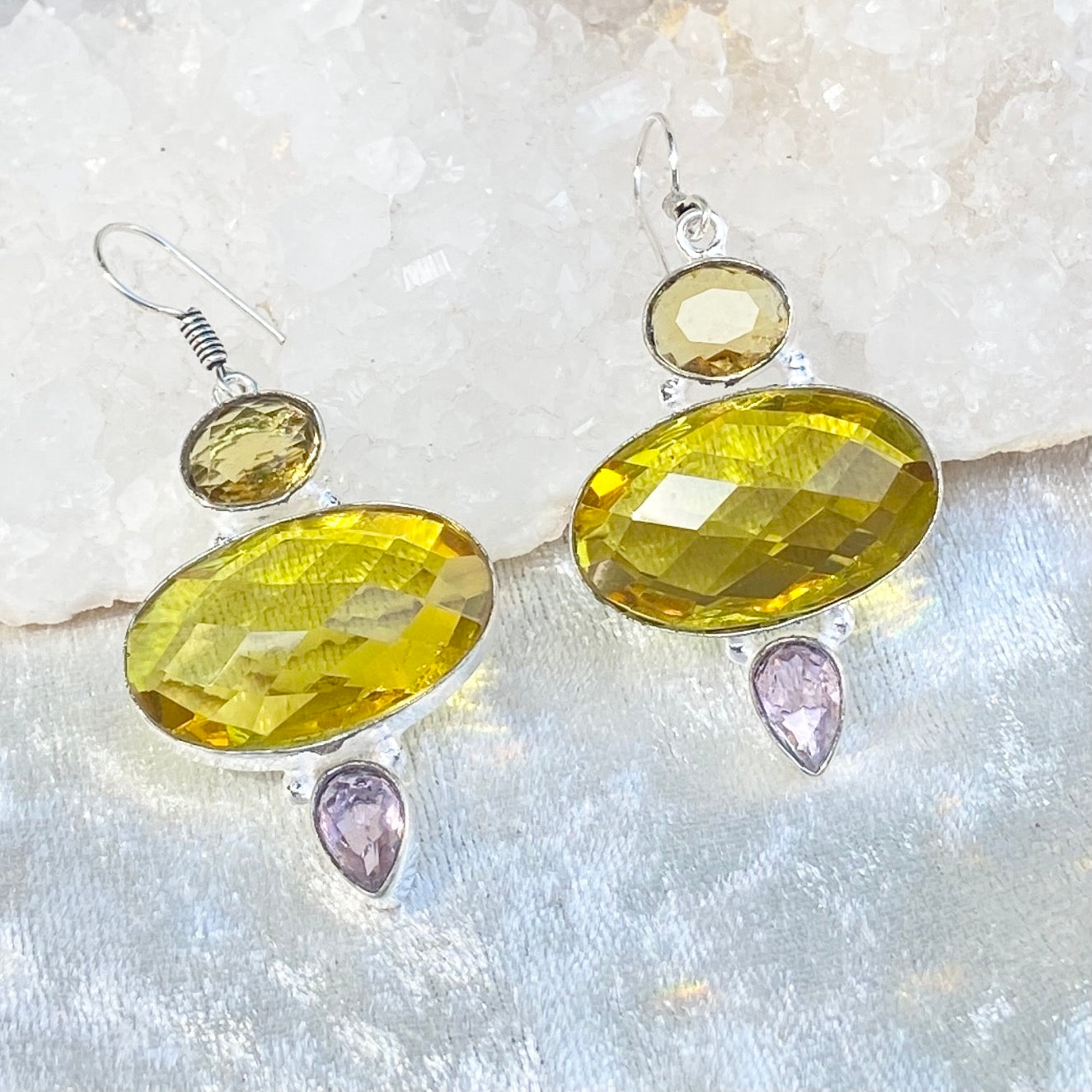 Yellow and purple Faceted Silver plated Gemstone Earrings