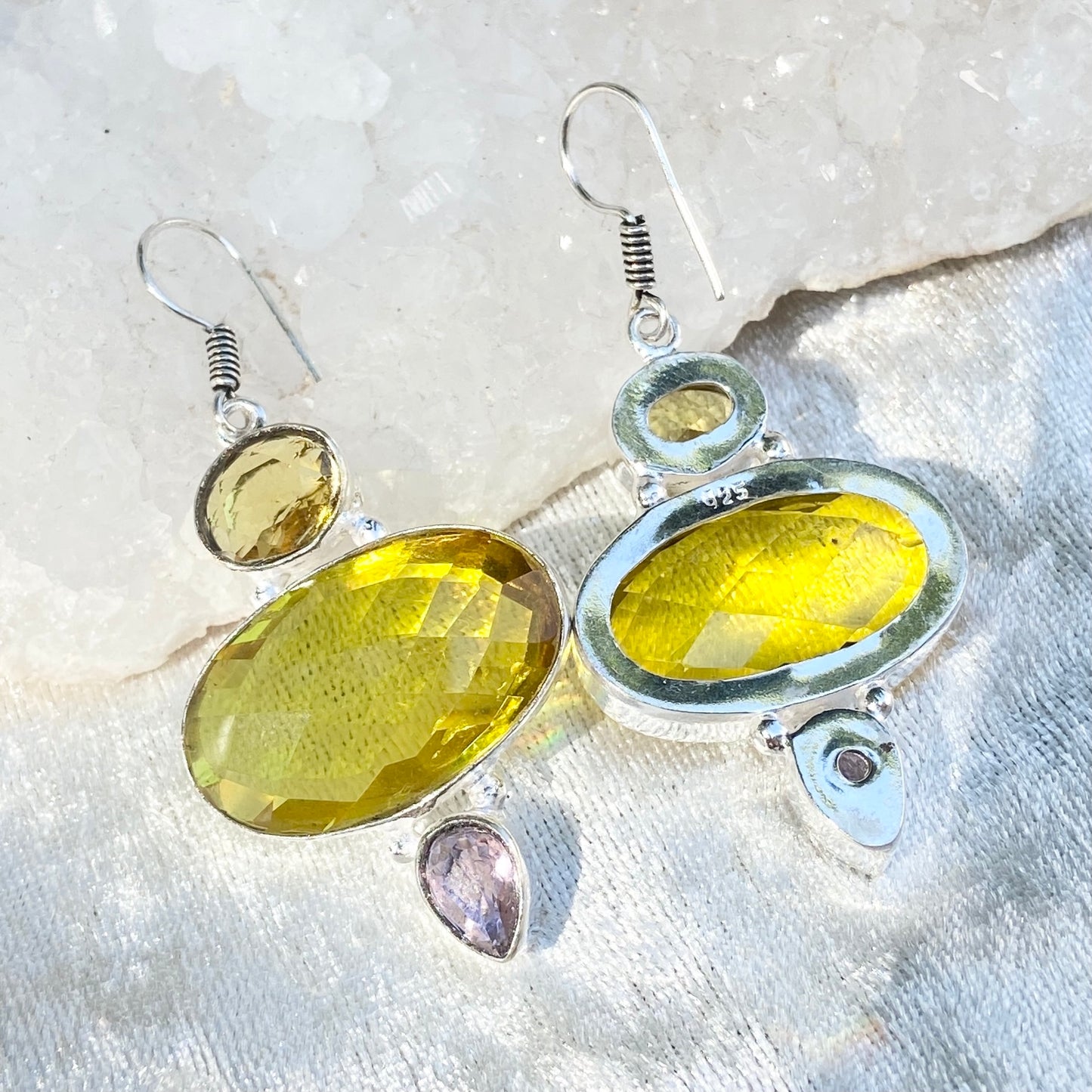 Yellow and purple Faceted Silver plated Gemstone Earrings
