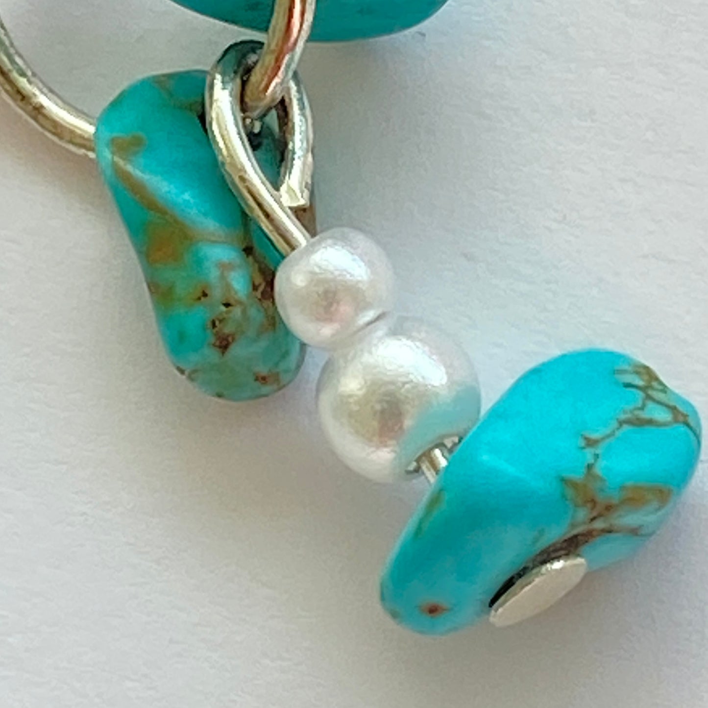 Turquoise, pearl effect and silver beaded Earrings