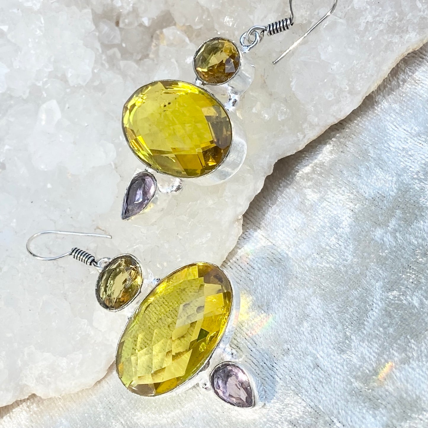 Yellow and purple Faceted Silver plated Gemstone Earrings