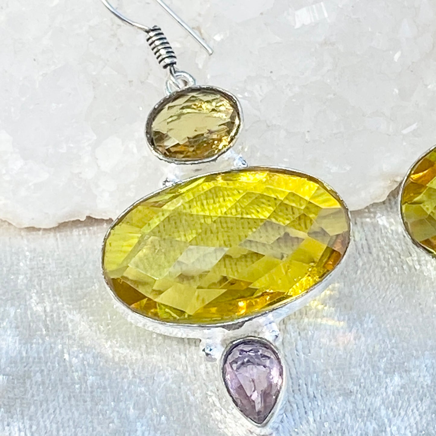 Yellow and purple Faceted Silver plated Gemstone Earrings