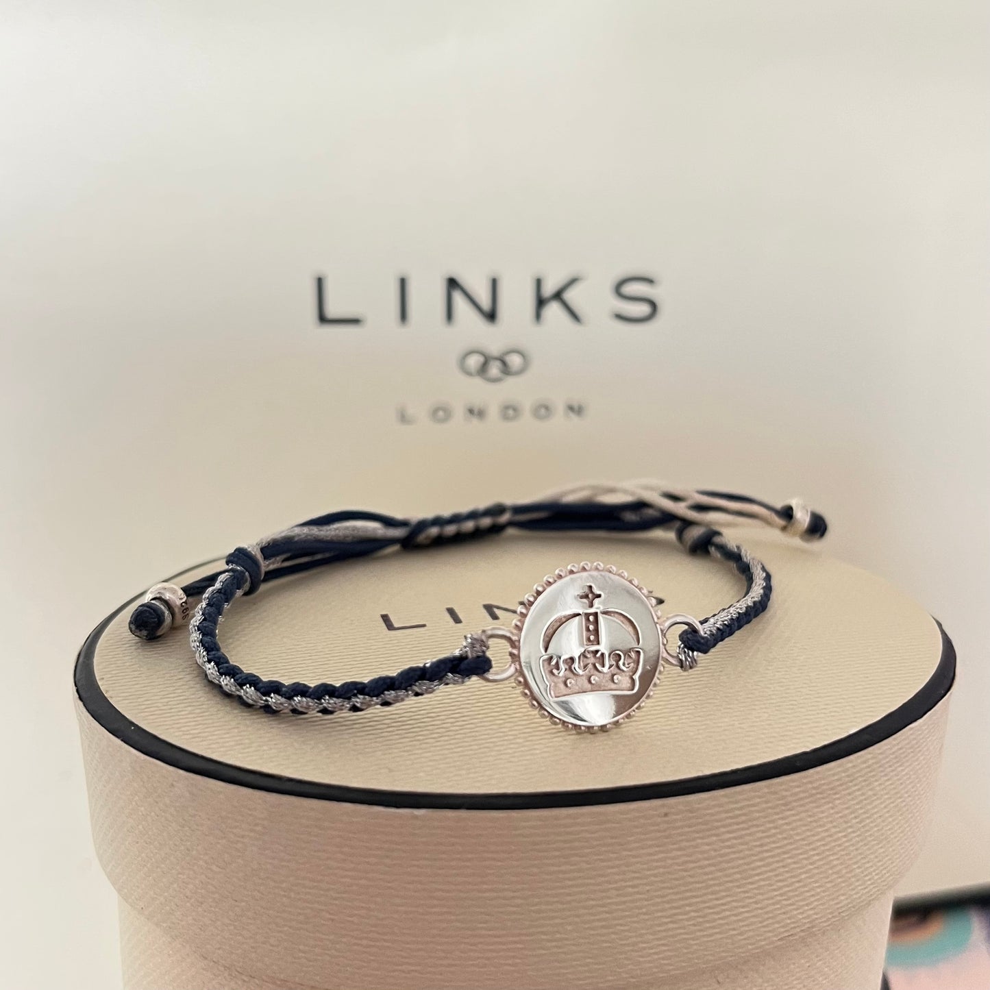 Links of London Sterling Silver Ascot Bracelet with a Navy and Silver Cord.