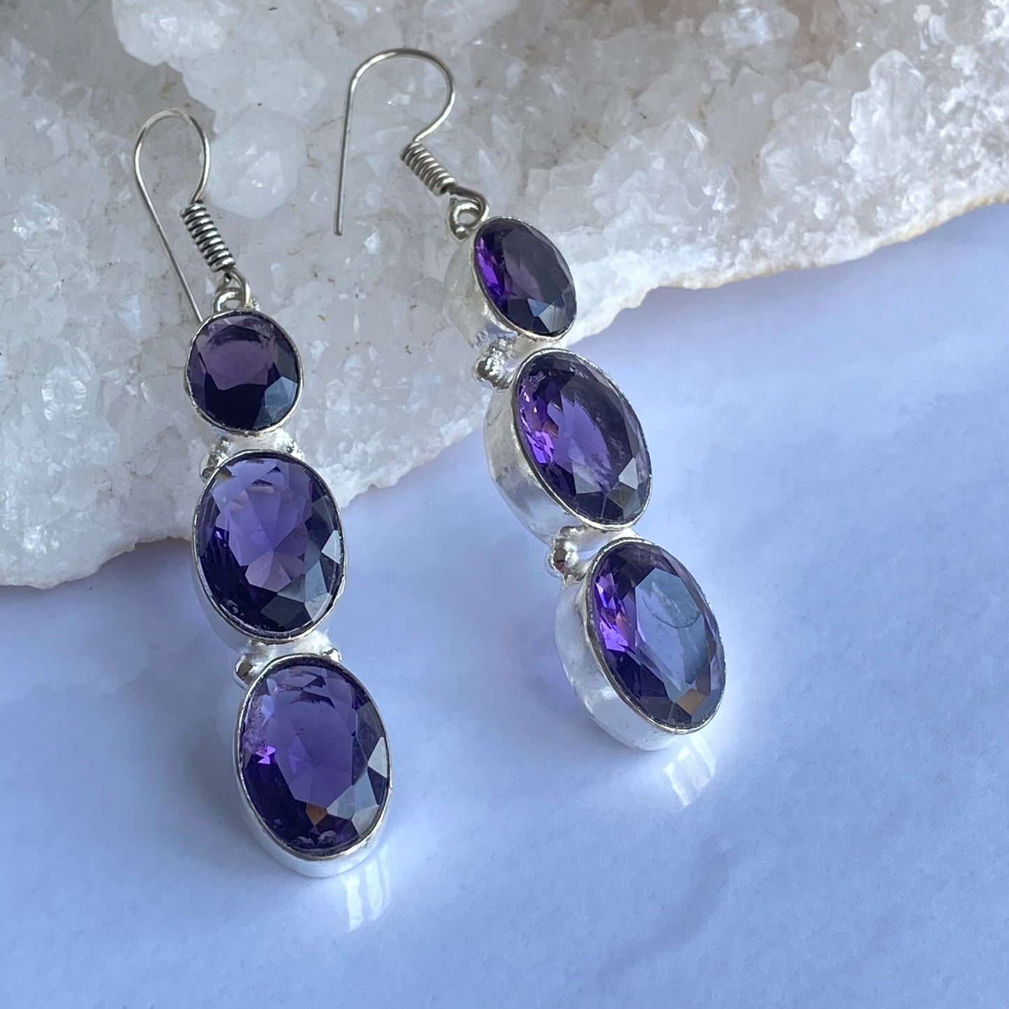 Purple Faceted Gemstone silver plated Earrings