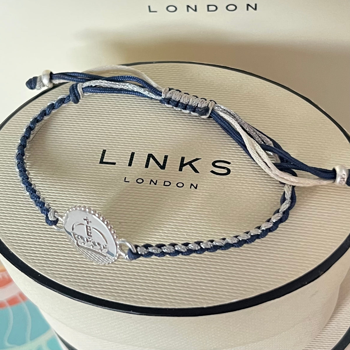Links of London Sterling Silver Ascot Bracelet with a Navy and Silver Cord.