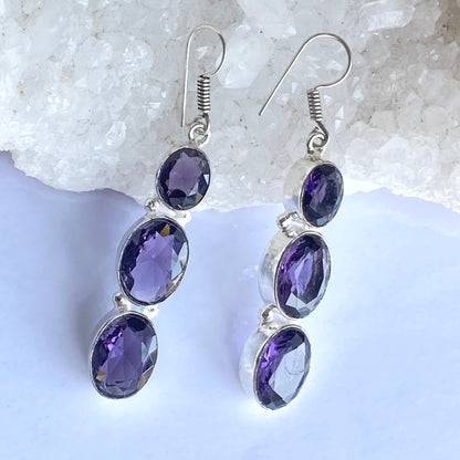 Purple Faceted Gemstone silver plated Earrings