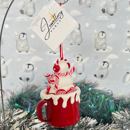 festive handmade claydough snowman hot chocolate mug Christmas tree decoration