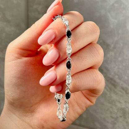Sterling Silver 925 XOX with Black and Clear Cubic Zirconia Gemstones Tennis bracelet.