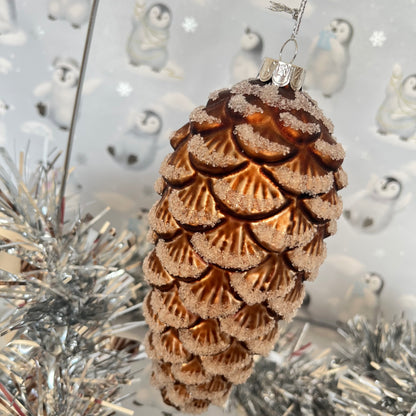 Large BROWN ICED GLASS PINECONE HANGING ORNAMENT