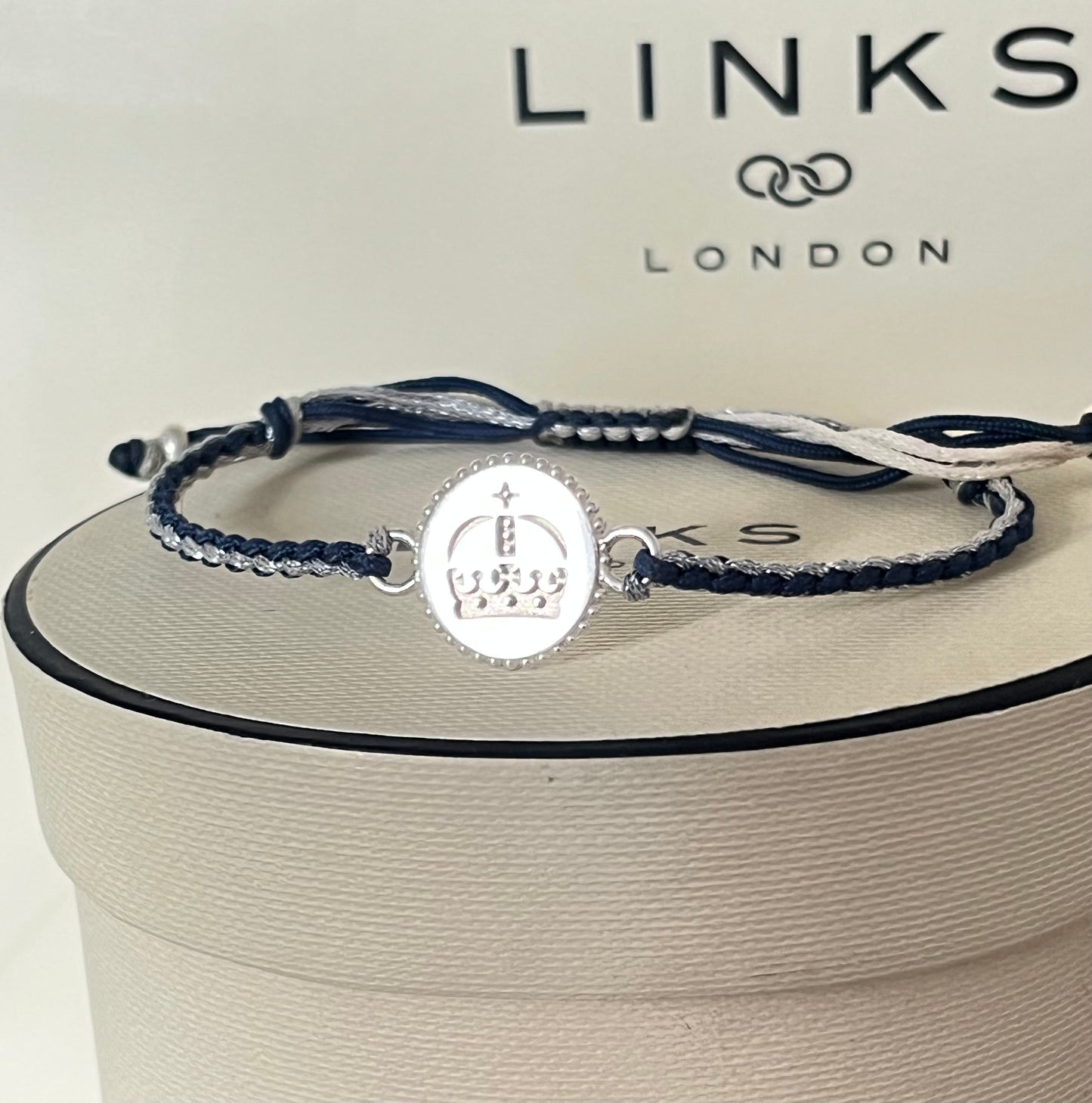 Links of London Sterling Silver Ascot Bracelet with a Navy and Silver Cord.