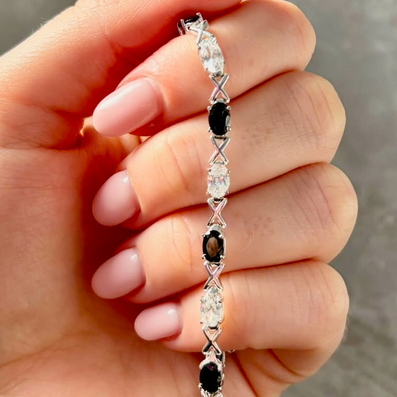 Sterling Silver 925 XOX with Black and Clear Cubic Zirconia Gemstones Tennis bracelet.