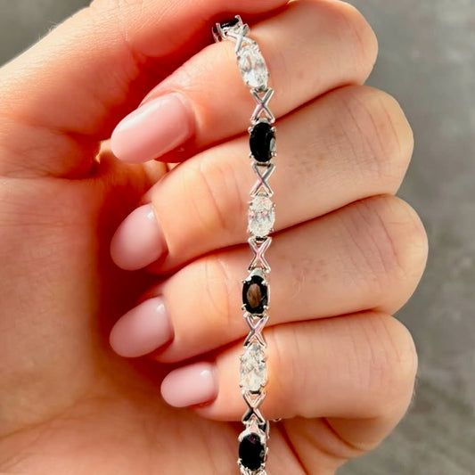 Sterling Silver 925 XOX with Black and Clear Cubic Zirconia Gemstones Tennis bracelet.