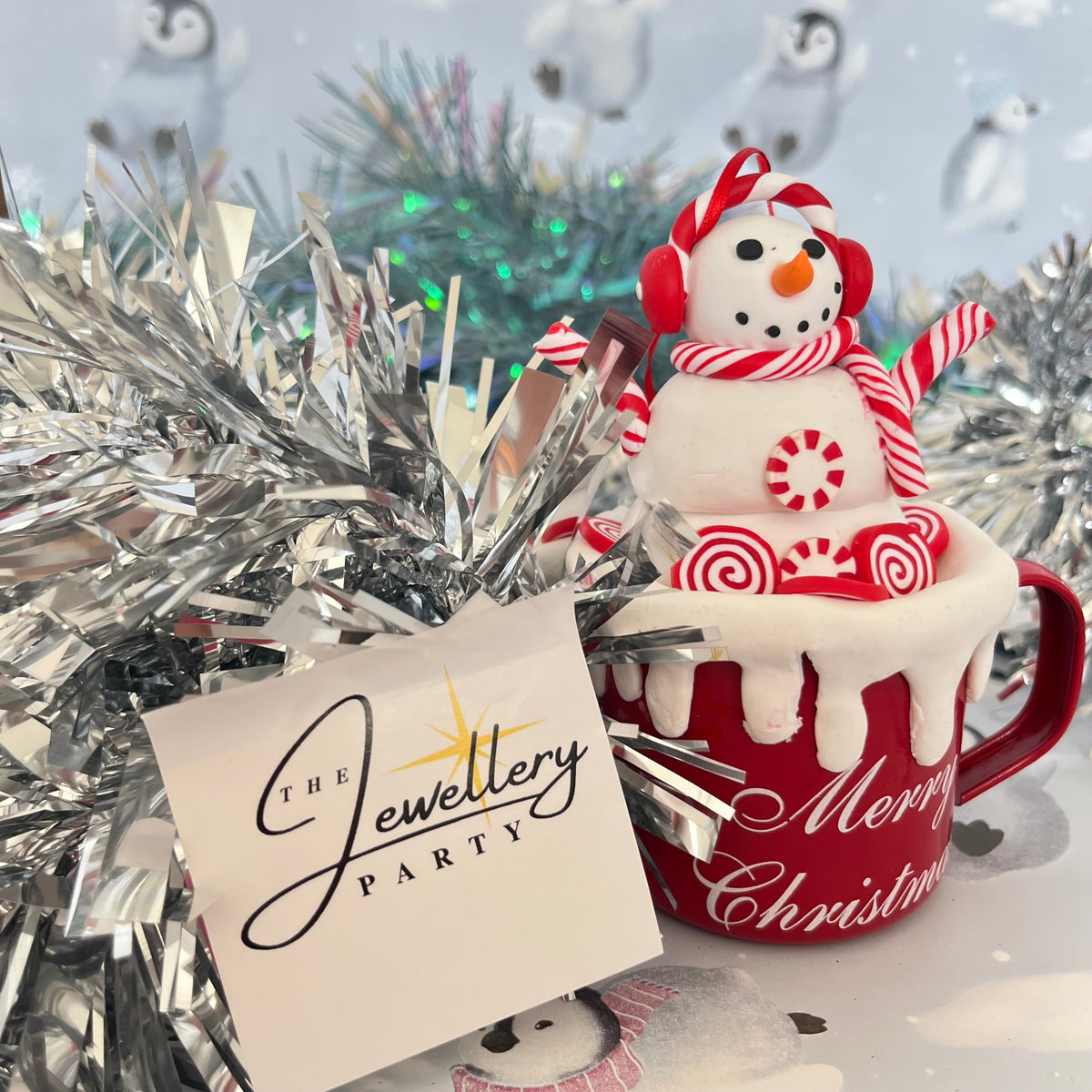 festive handmade claydough snowman hot chocolate mug Christmas tree decoration