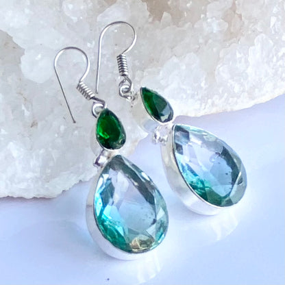 Pale Blue and Green Gemstone silver plated Earrings