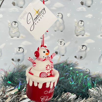 festive handmade claydough snowman hot chocolate mug Christmas tree decoration