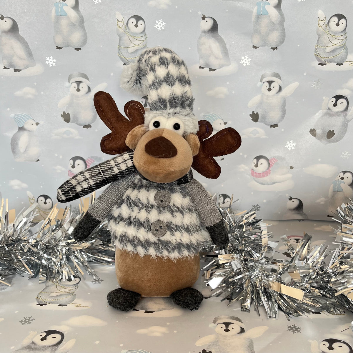 Plush Gray and white patterned Christmas Reindeer