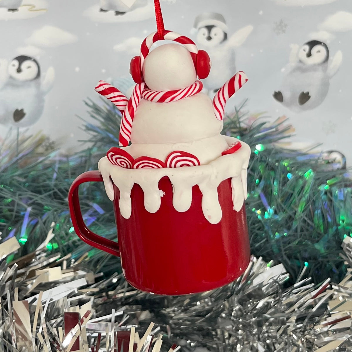 festive handmade claydough snowman hot chocolate mug Christmas tree decoration