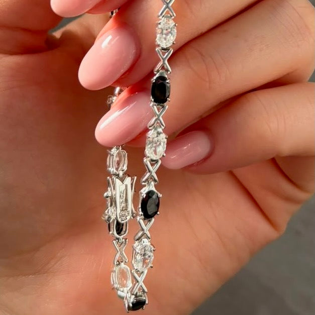Sterling Silver 925 XOX with Black and Clear Cubic Zirconia Gemstones Tennis bracelet.