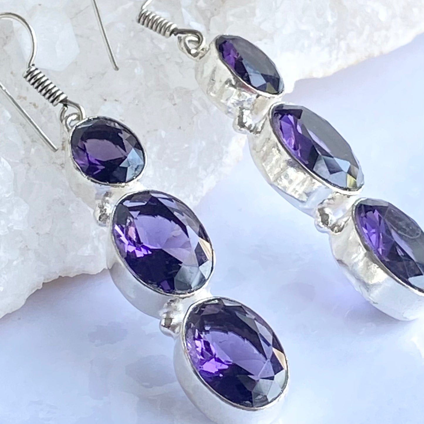 Purple Faceted Gemstone silver plated Earrings