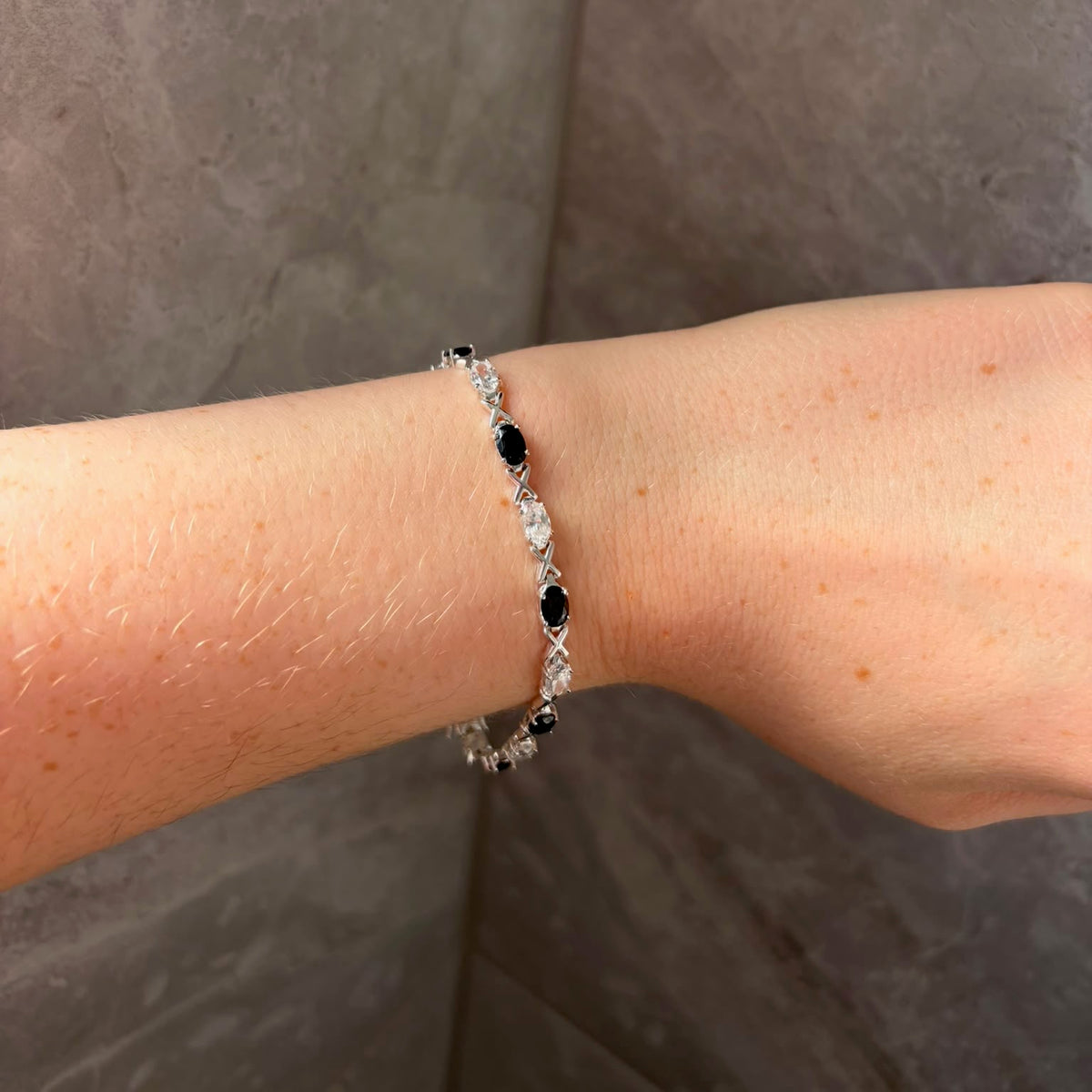 Sterling Silver 925 XOX with Black and Clear Cubic Zirconia Gemstones Tennis bracelet.