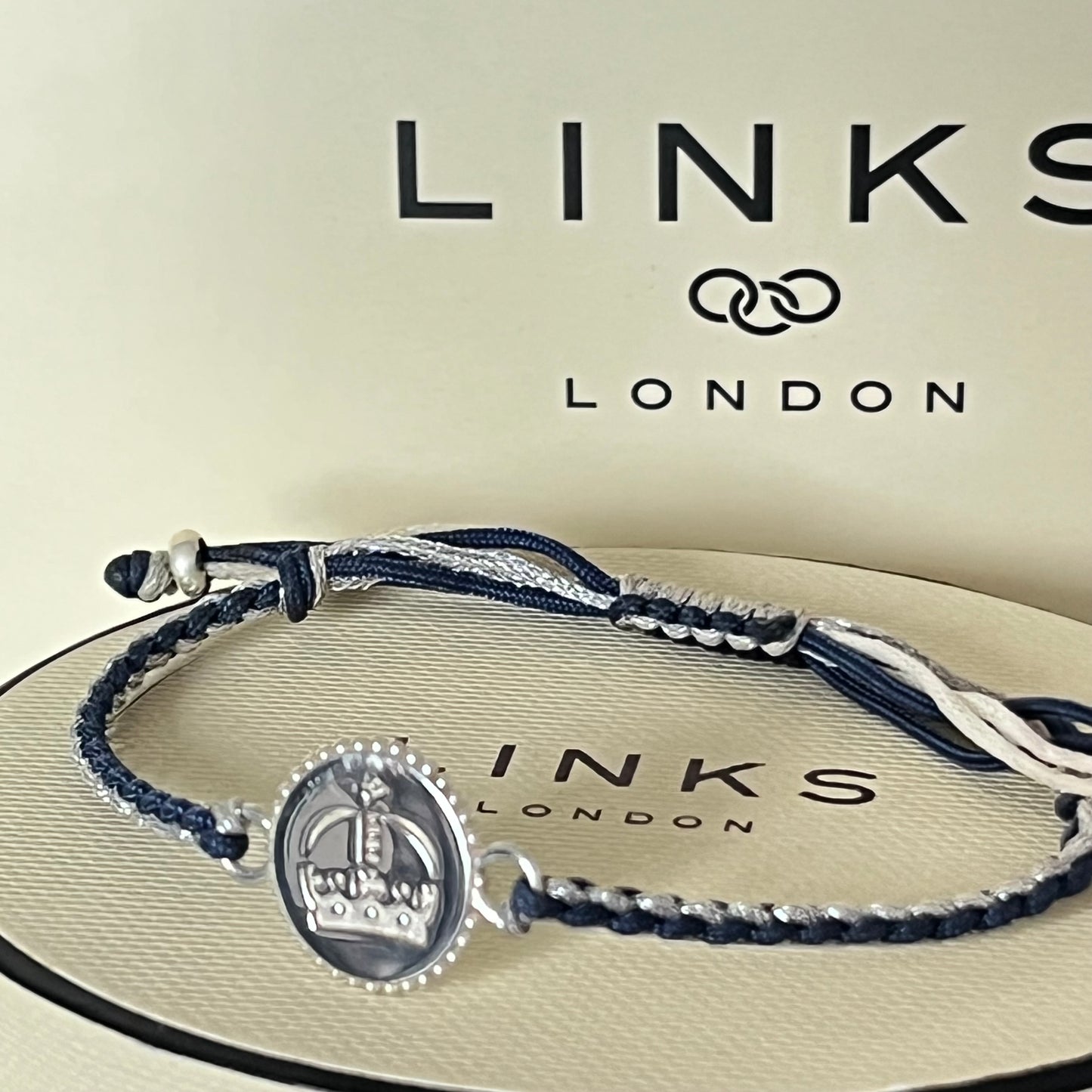 Links of London Sterling Silver Ascot Bracelet with a Navy and Silver Cord.