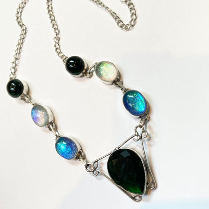 Deep Green Pendent with Glass Beads Sterling Silver Overlay Necklace