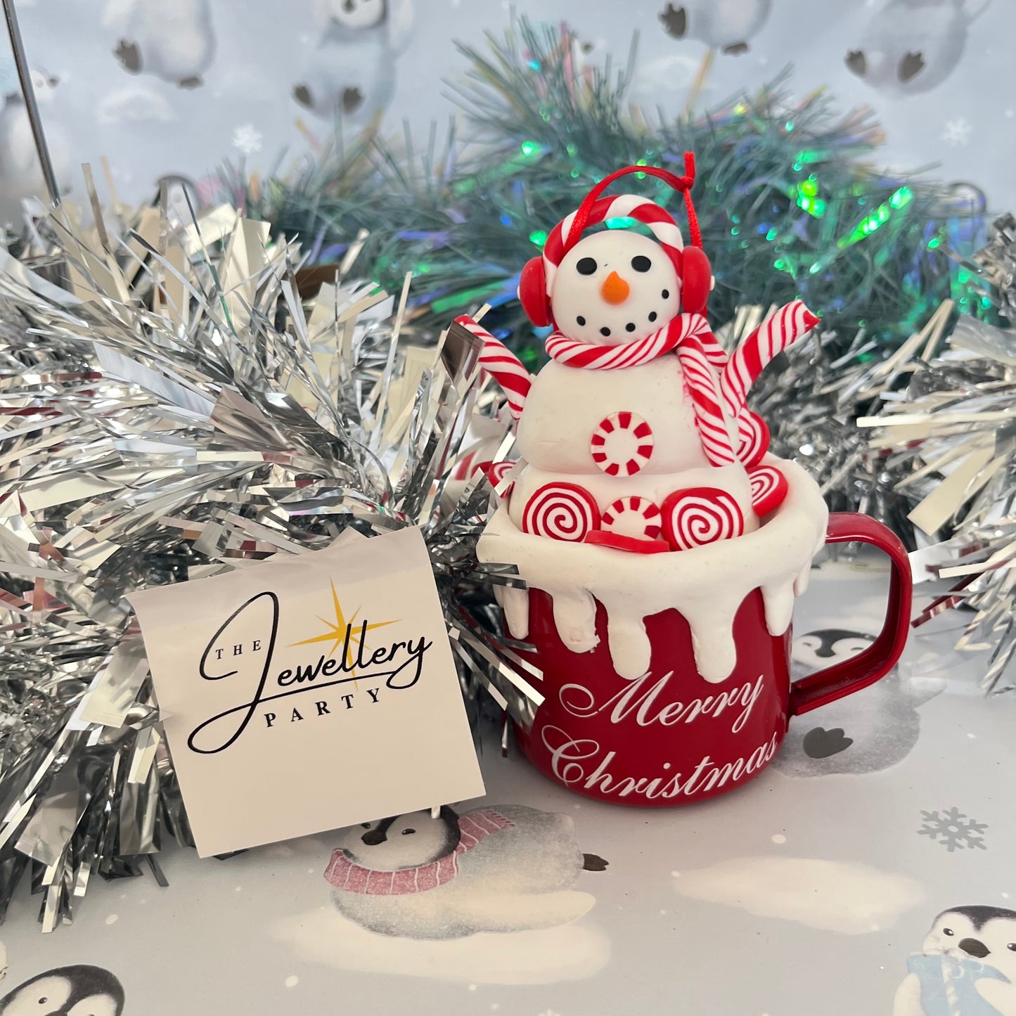 festive handmade claydough snowman hot chocolate mug Christmas tree decoration