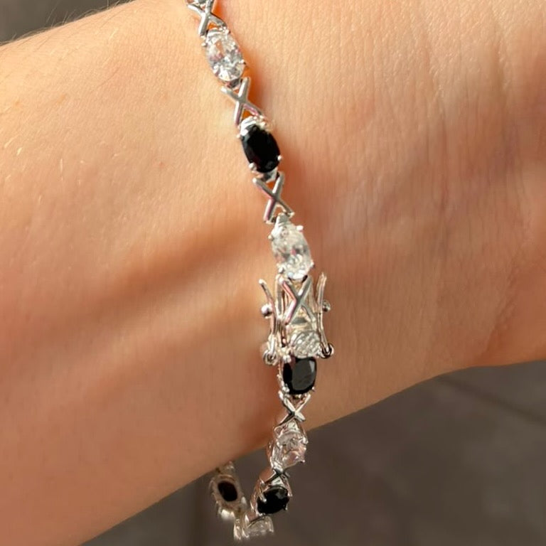 Sterling Silver 925 XOX with Black and Clear Cubic Zirconia Gemstones Tennis bracelet.