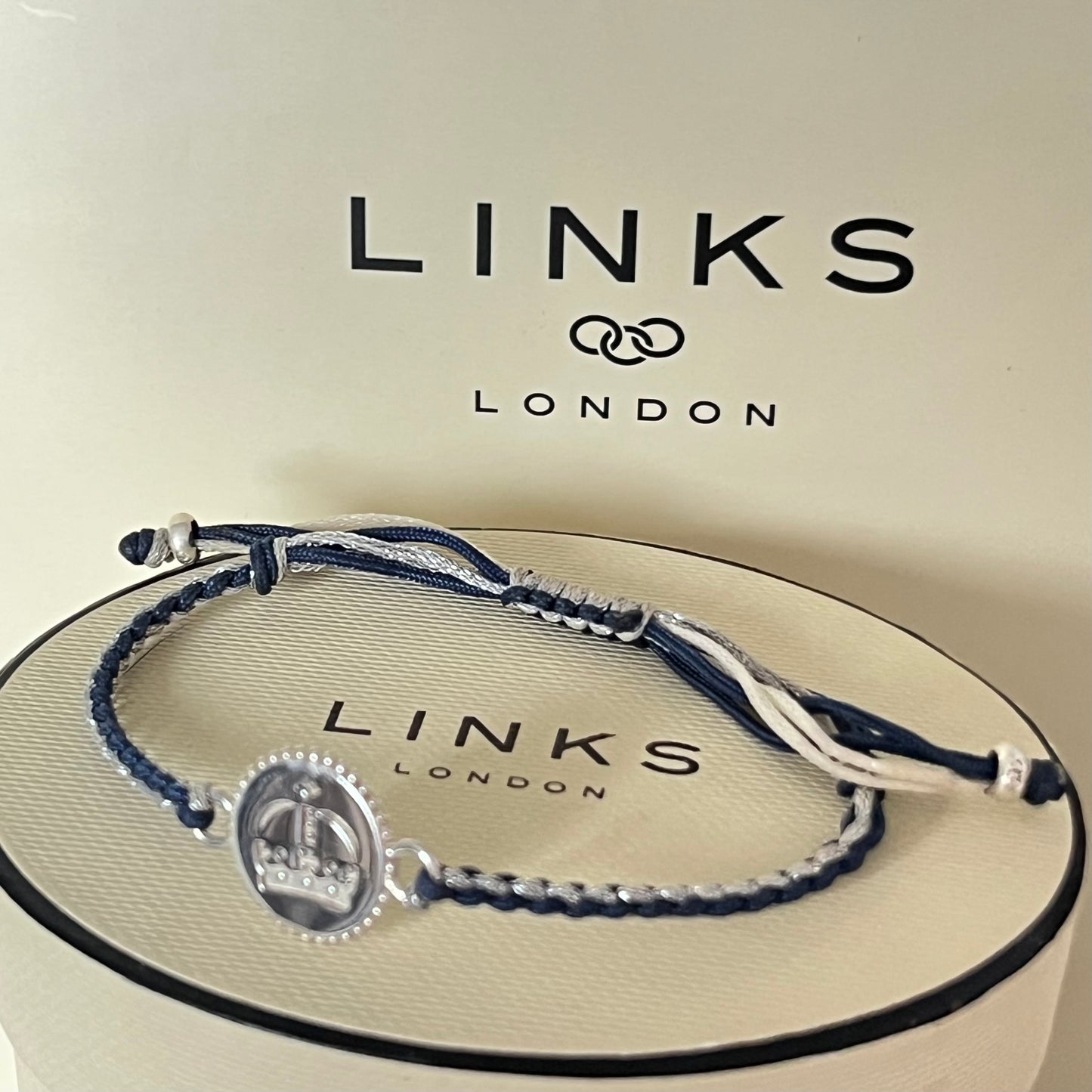 Links of London Sterling Silver Ascot Bracelet with a Navy and Silver Cord.