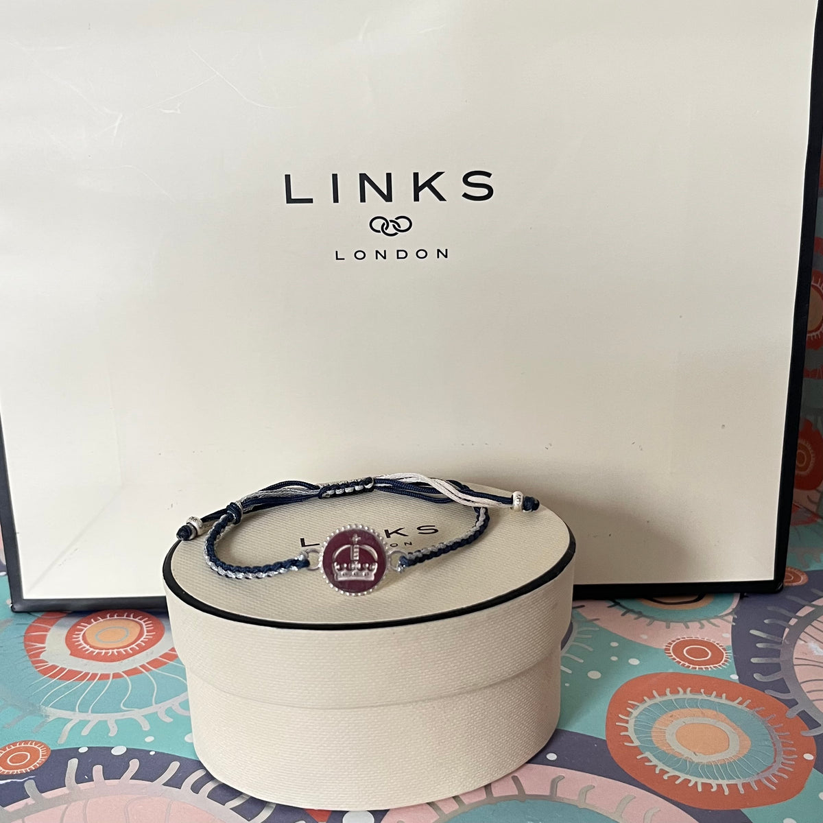 Links of London Sterling Silver Ascot Bracelet with a Navy and Silver Cord.