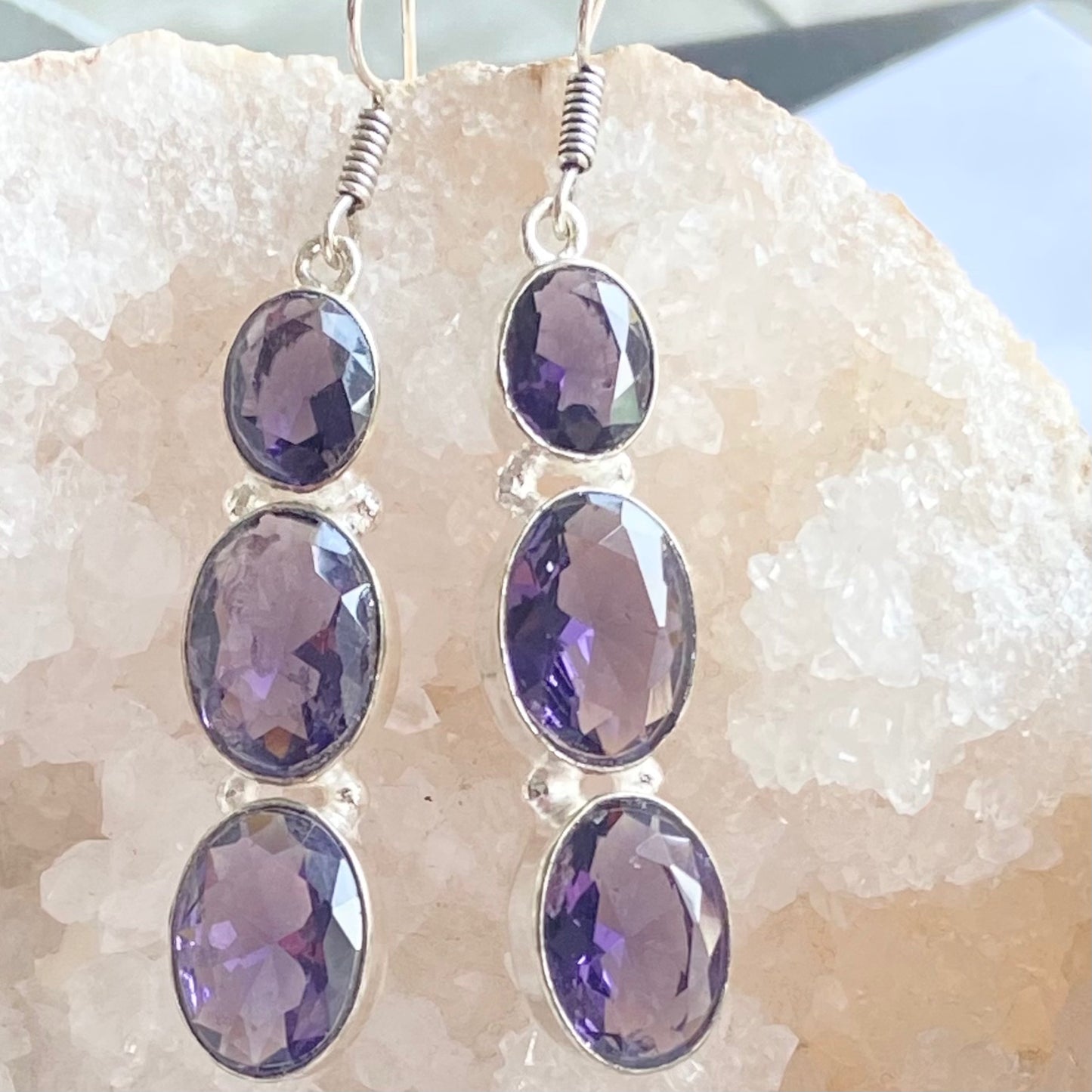 Purple Faceted Gemstone silver plated Earrings