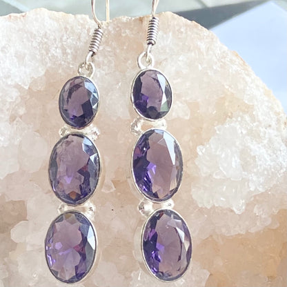 Purple Faceted Gemstone silver plated Earrings