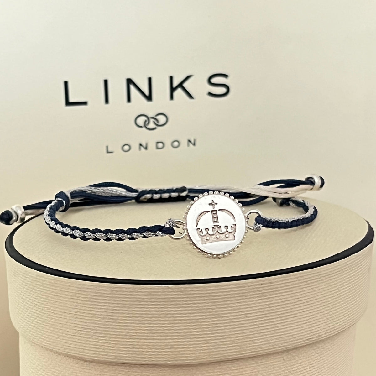 Links of London Sterling Silver Ascot Bracelet with a Navy and Silver Cord.