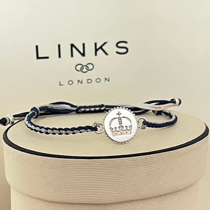 Links of London Sterling Silver Ascot Bracelet with a Navy and Silver Cord.