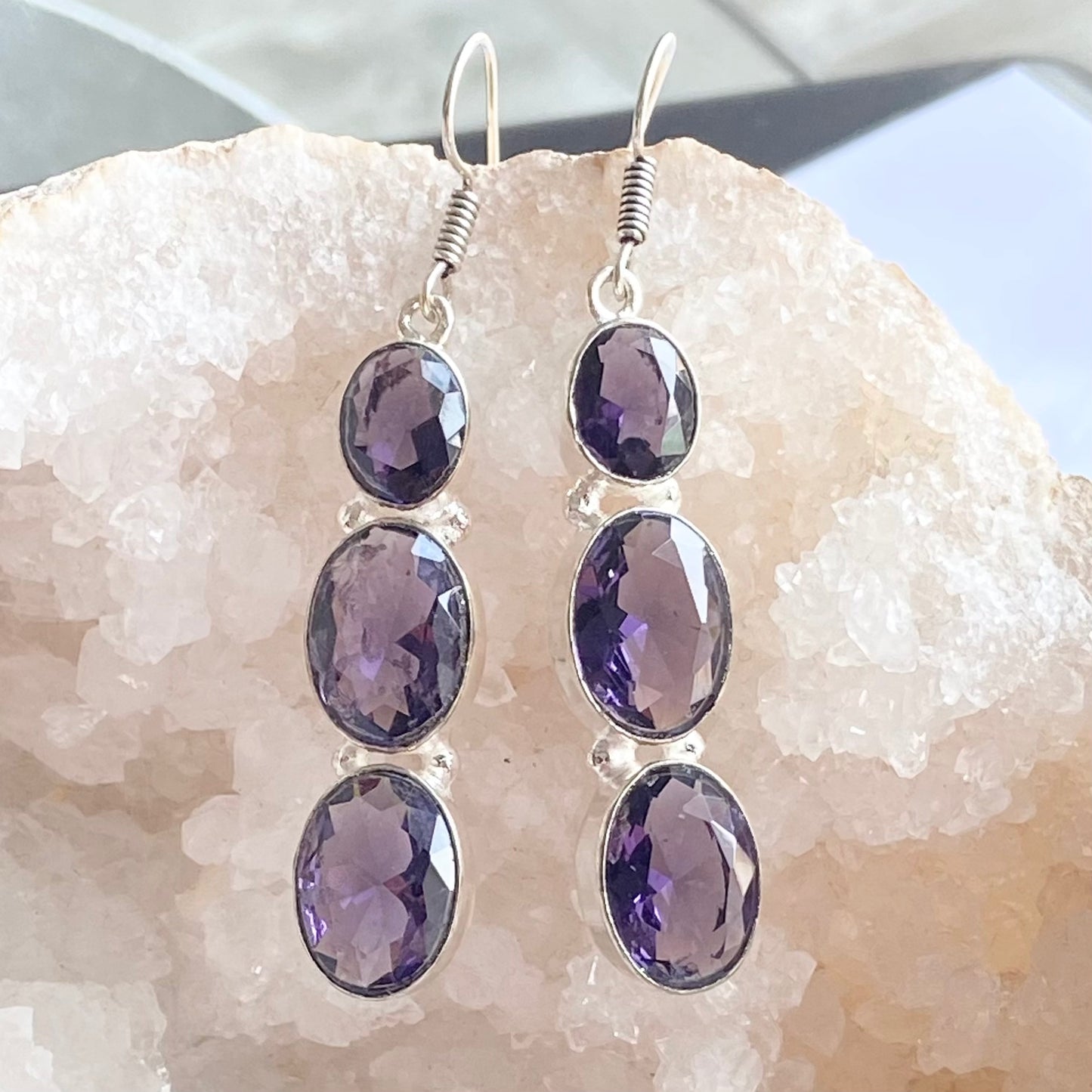 Purple Faceted Gemstone silver plated Earrings