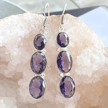 Purple Faceted Gemstone silver plated Earrings