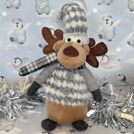 Plush Gray and white patterned Christmas Reindeer