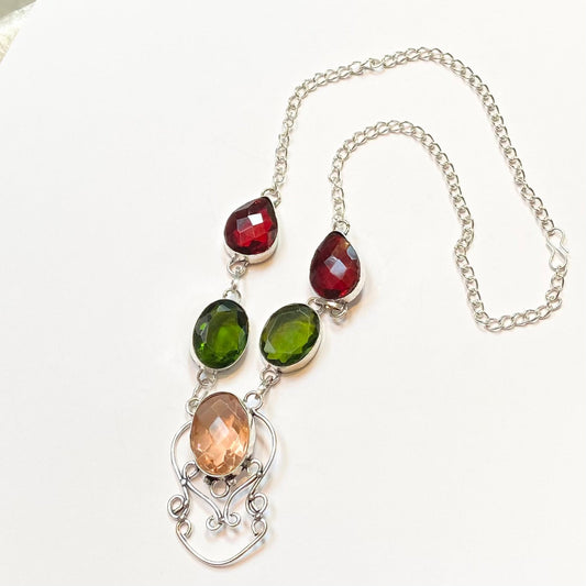 Quartz and Green Red Yellow Gemstone Necklace