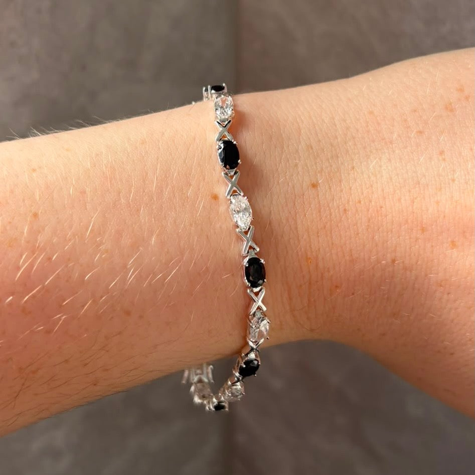 Sterling Silver 925 XOX with Black and Clear Cubic Zirconia Gemstones Tennis bracelet.