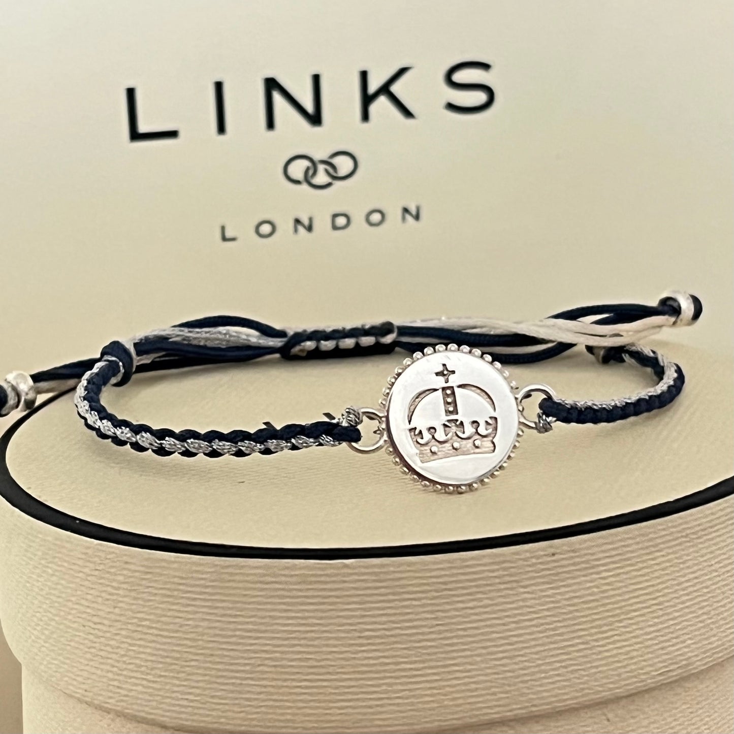 Links of London Sterling Silver Ascot Bracelet with a Navy and Silver Cord.