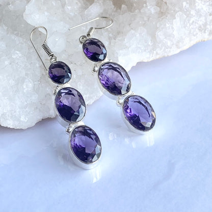 Purple Faceted Gemstone silver plated Earrings