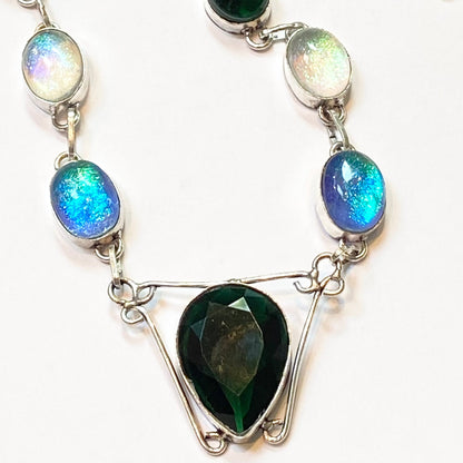 Deep Green Pendent with Glass Beads Sterling Silver Overlay Necklace