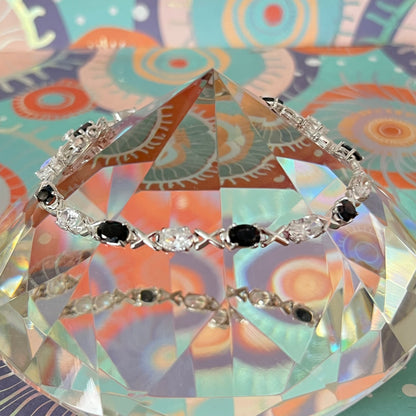 Sterling Silver 925 XOX with Black and Clear Cubic Zirconia Gemstones Tennis bracelet.